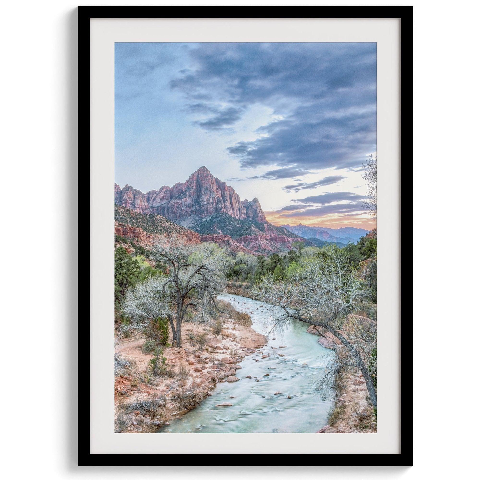 Zion wall art set featuring black and white photography of Zion National Park’s cliffs and Virgin River