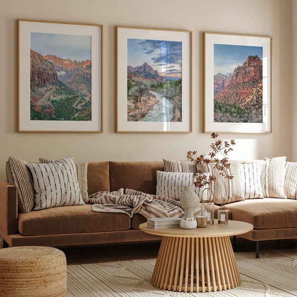 Zion wall art set featuring black and white photography of Zion National Park’s cliffs and Virgin River