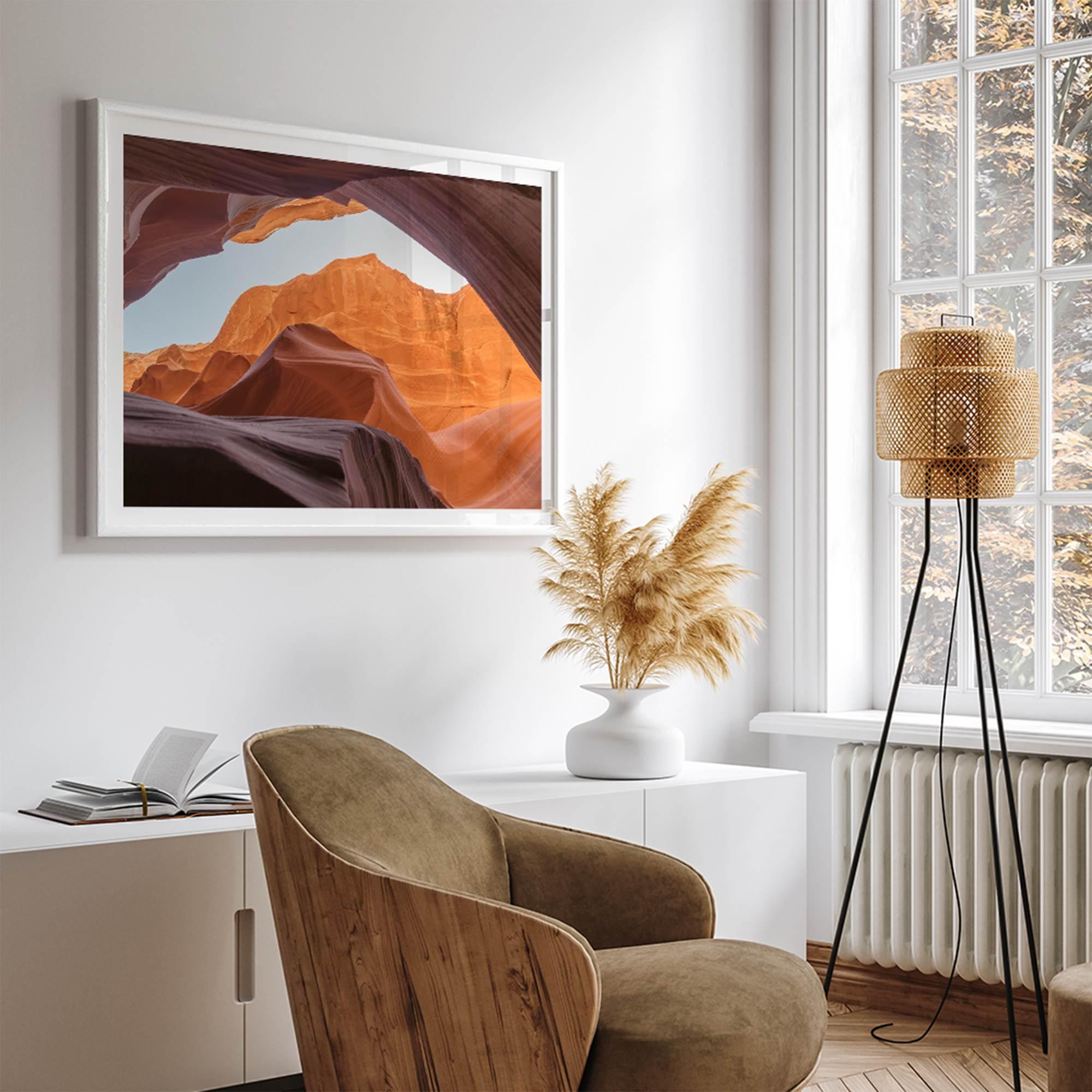 Framed fine art print of Antelope Canyon in Arizona, showcasing layered desert rock formations with rich colors and smooth textures.