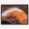 Framed fine art print of Antelope Canyon in Arizona, showcasing layered desert rock formations with rich colors and smooth textures.