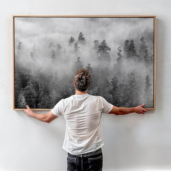 Black and white forest scene printed on canvas, with mist and soft contrast.