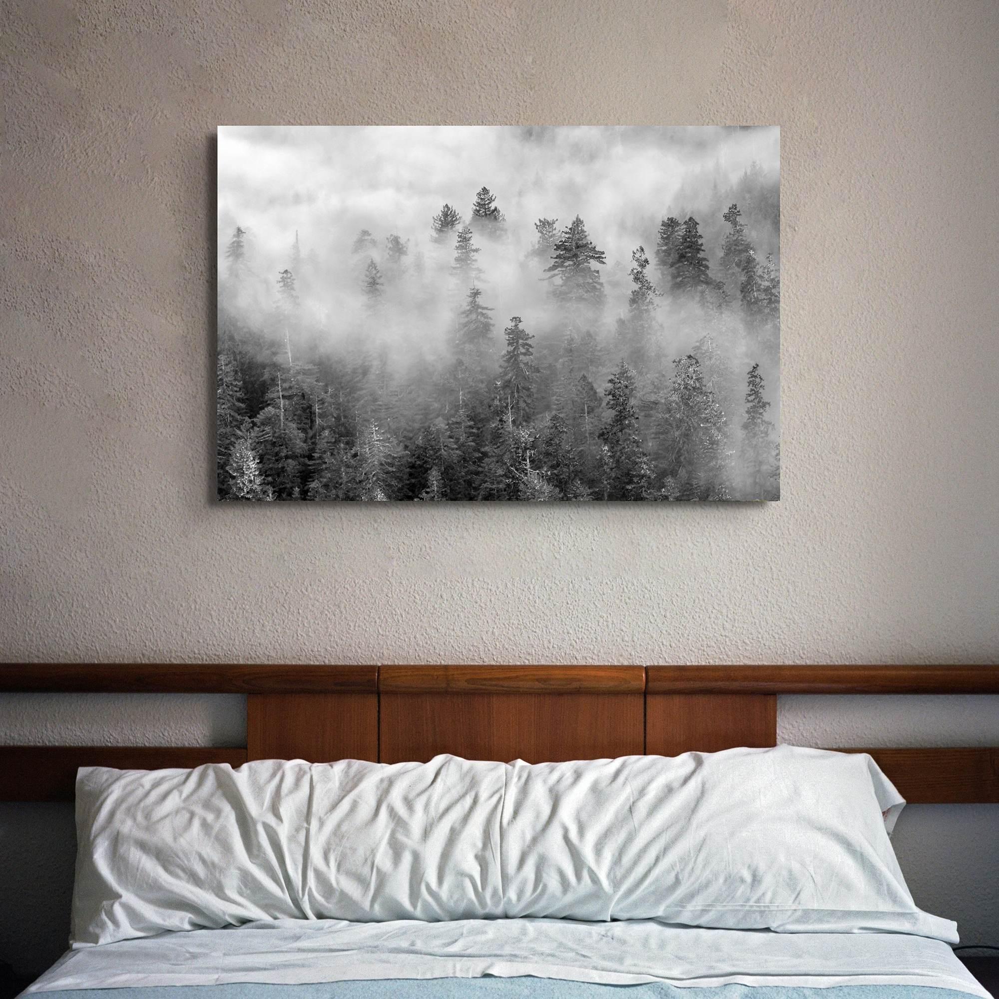 Black and white forest scene printed on canvas, with mist and soft contrast.