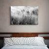 Black and white forest scene printed on canvas, with mist and soft contrast.