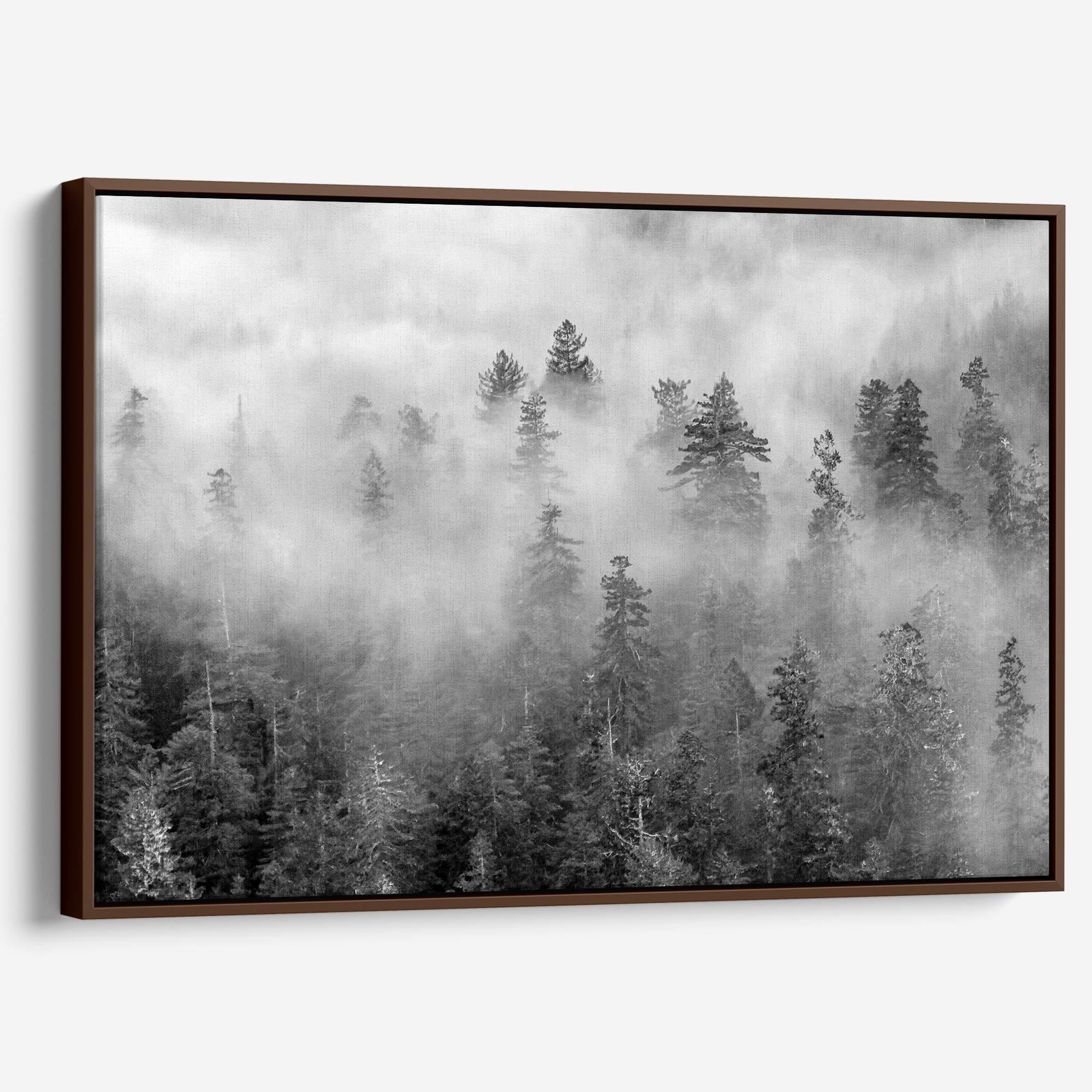 Black and white forest scene printed on canvas, with mist and soft contrast.