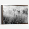 Black and white forest scene printed on canvas, with mist and soft contrast.