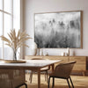 Black and white forest scene printed on canvas, with mist and soft contrast.