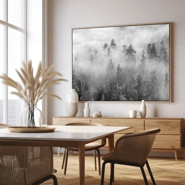 Black and white forest scene printed on canvas, with mist and soft contrast.