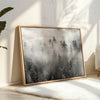 Black and white forest scene printed on canvas, with mist and soft contrast.