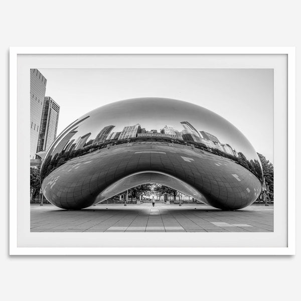 Black-and-white Chicago wall art of the Cloud Gate sculpture reflecting the city’s skyline.