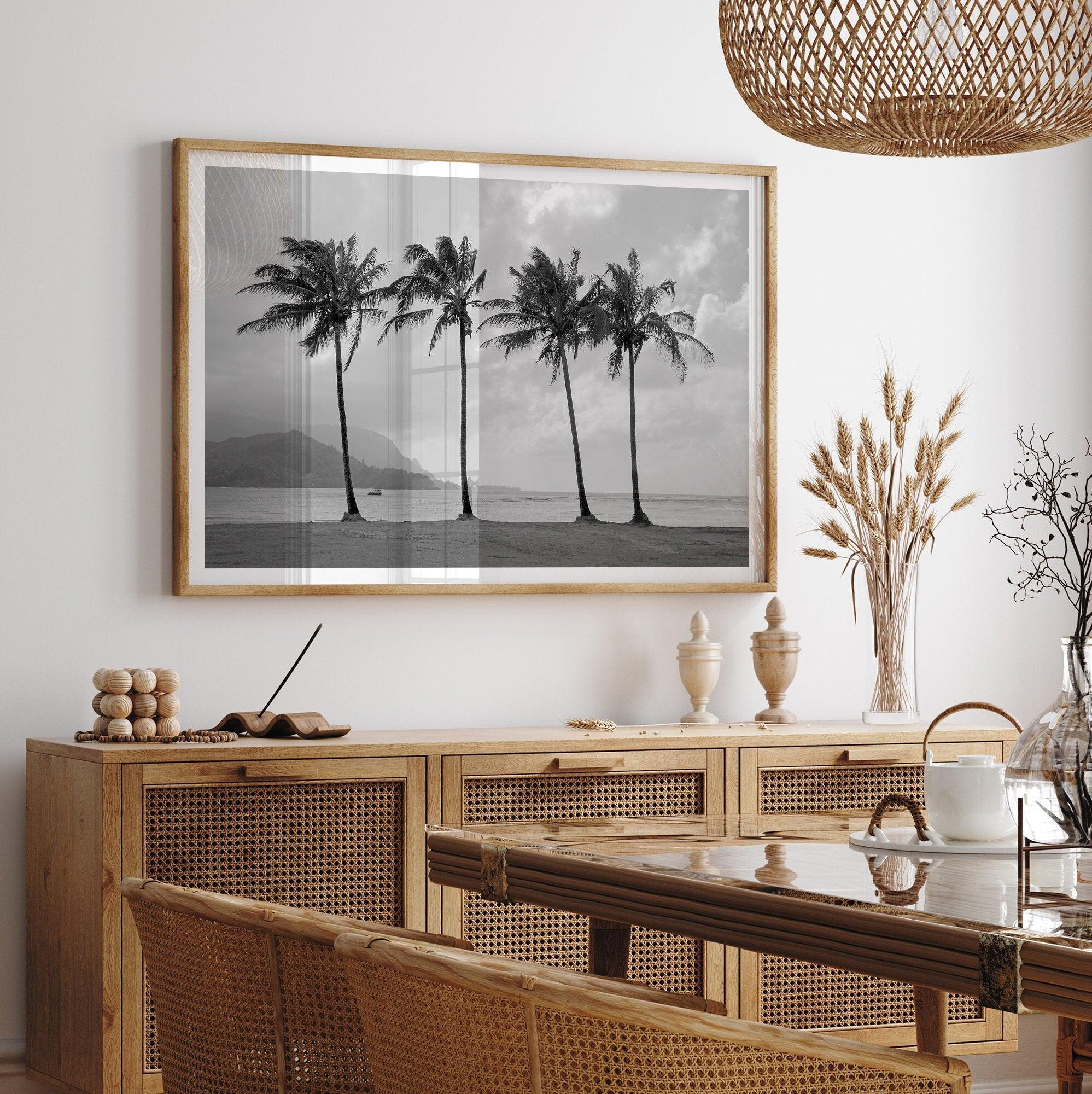 Black and white Hanalei Beach wall art featuring four palm trees with a coastal Kauai backdrop.