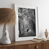 Romantic Japan nature art photograph in black and white forest setting, couples wall decor