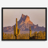 Framed photography print of an Arizona desert landscape with saguaro cacti and a sunlit mountain.
