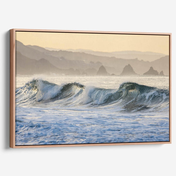 Golden hour ocean waves crashing with coastal cliffs in background – fine art seascape print