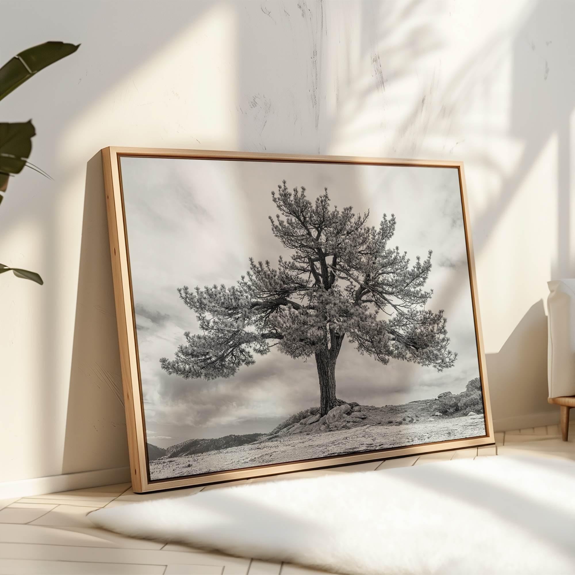 Close-up of black and white canvas texture showing detailed tree branches in scenic mountain setting.