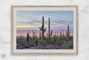 Cactus art print of saguaro cacti at sunset with pastel sky over desert landscape.