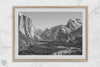 A fine art Yosemite Print featuring Yosemite Valley covered in snow in winter and a beautiful fog lays in the valley forest. This black and white mountain wall art is perfect for nature and fine art lovers.
