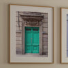 Colorful three piece wall art featuring bold architectural doors in red, teal, and yellow tones.