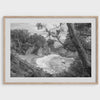 Black and white photo of McWay Falls flowing into the Pacific Ocean at Big Sur, California – fine art coastal print