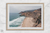 California beach wall art featuring Gray Whale Cove Beach with sandy shores, rugged cliffs, and misty Pacific Ocean waves.