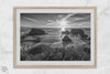 Black and white beach sunset photography wall art from Fort Bragg, California, featuring a dramatic Pacific Northwest coastline seascape.
