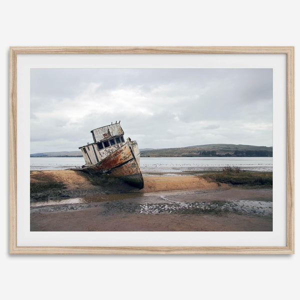 Weathered shipwreck resting on a quiet coastal shore, surrounded by marshland and a moody, overcast sky.