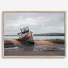 Weathered shipwreck resting on a quiet coastal shore, surrounded by marshland and a moody, overcast sky.
