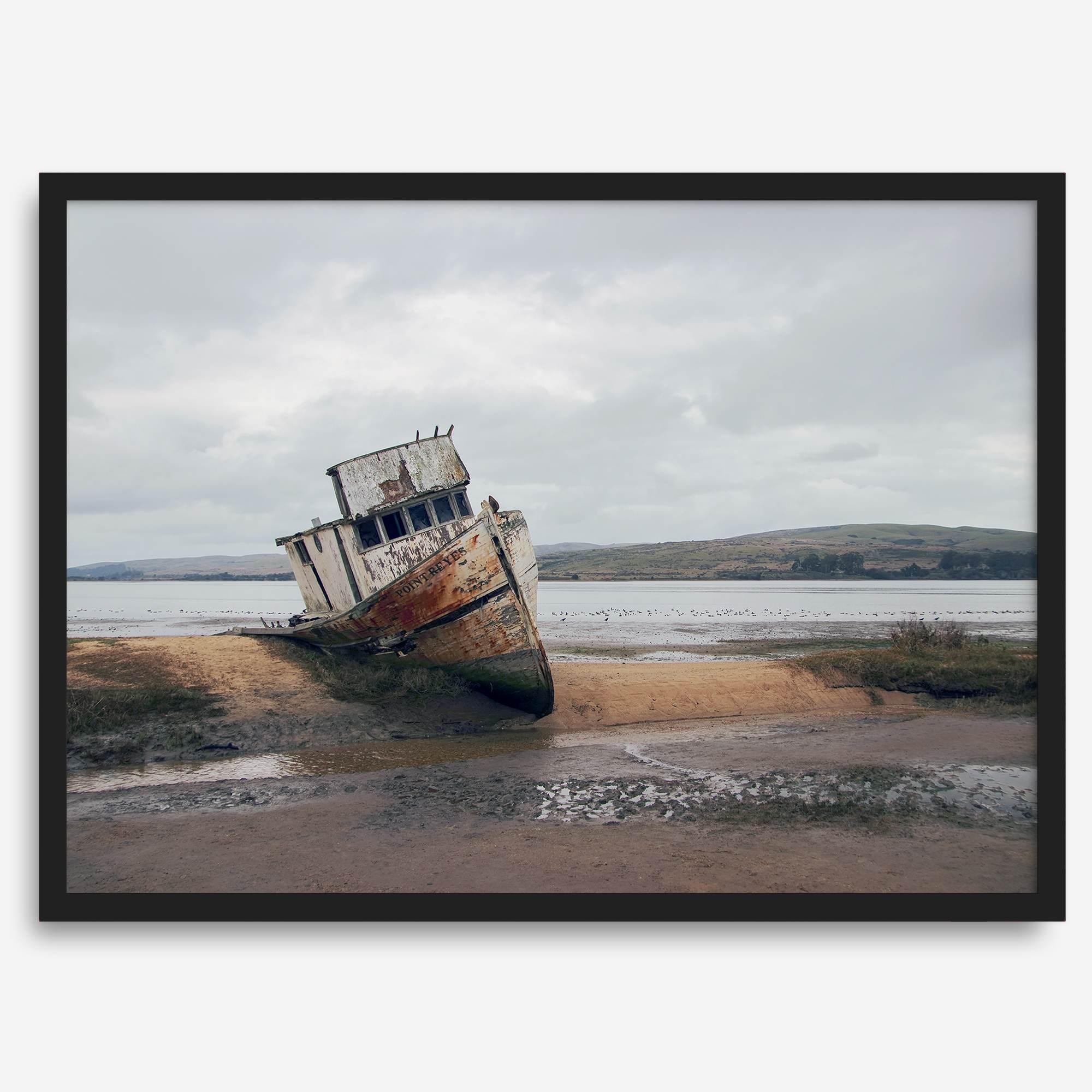 Weathered shipwreck resting on a quiet coastal shore, surrounded by marshland and a moody, overcast sky.
