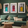 Colorful three piece wall art featuring bold architectural doors in red, teal, and yellow tones.