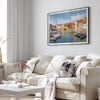 Colorful Murano Venice wall art featuring boats, bridge, and painted homes along the water.