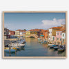 Colorful Murano Venice wall art featuring boats, bridge, and painted homes along the water.