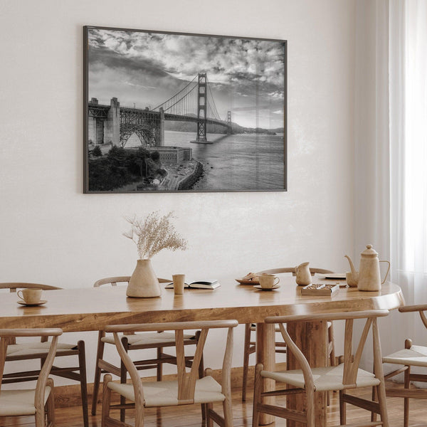 Golden Gate Bridge Wall Art in black-and-white HDR photography with dramatic clouds and water reflections.
