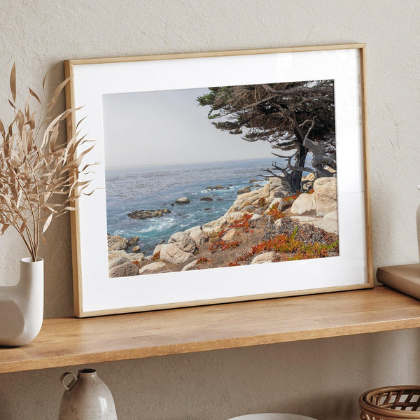 This stunning piece of art captures the beauty and drama of California's rugged coastline. This large framed or unframed ocean wall art showcases a large coastal tree overlooking the ocean near Monterey on Route 1.