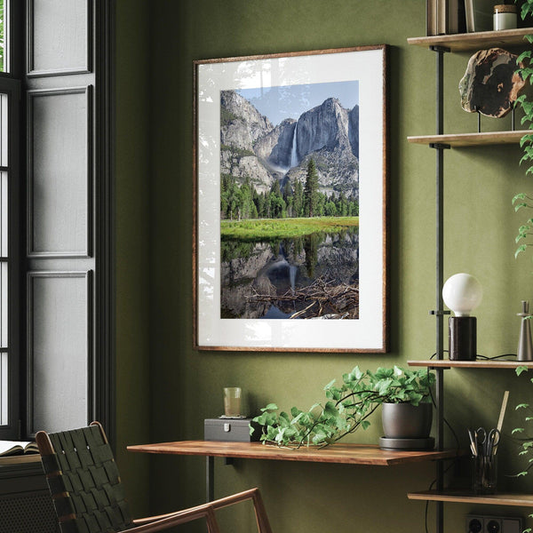 A stunning fine art print of Yosemite Falls with a reflection from Cook Meadows in Yosemite National Park.