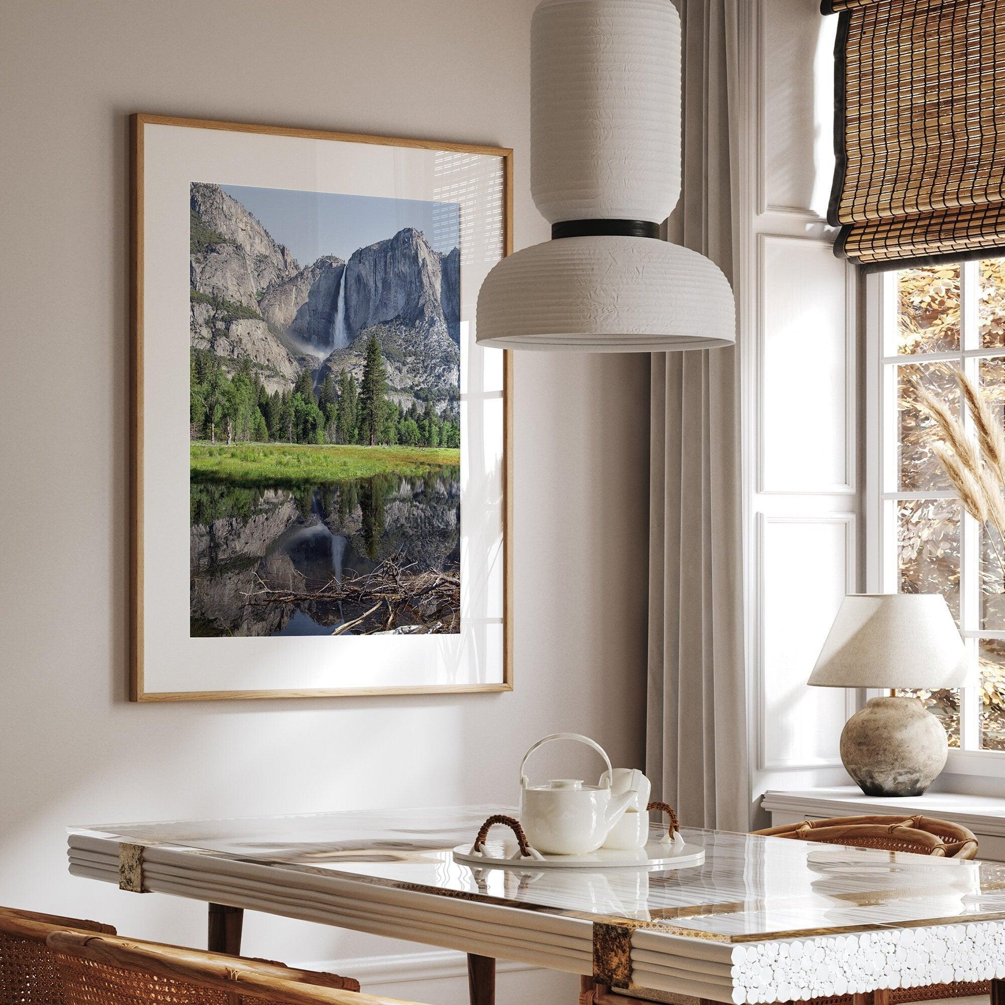 A stunning fine art print of Yosemite Falls with a reflection from Cook Meadows in Yosemite National Park.