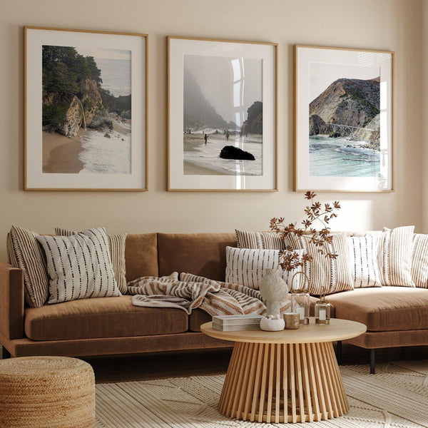 Set of 3 stunning coastal prints: McWay Falls tidefall, Pfeiffer Beach, and the iconic Bixby Bridge in Big Sur, California. Perfect Coastal Wall Art Set for Nature Lovers.