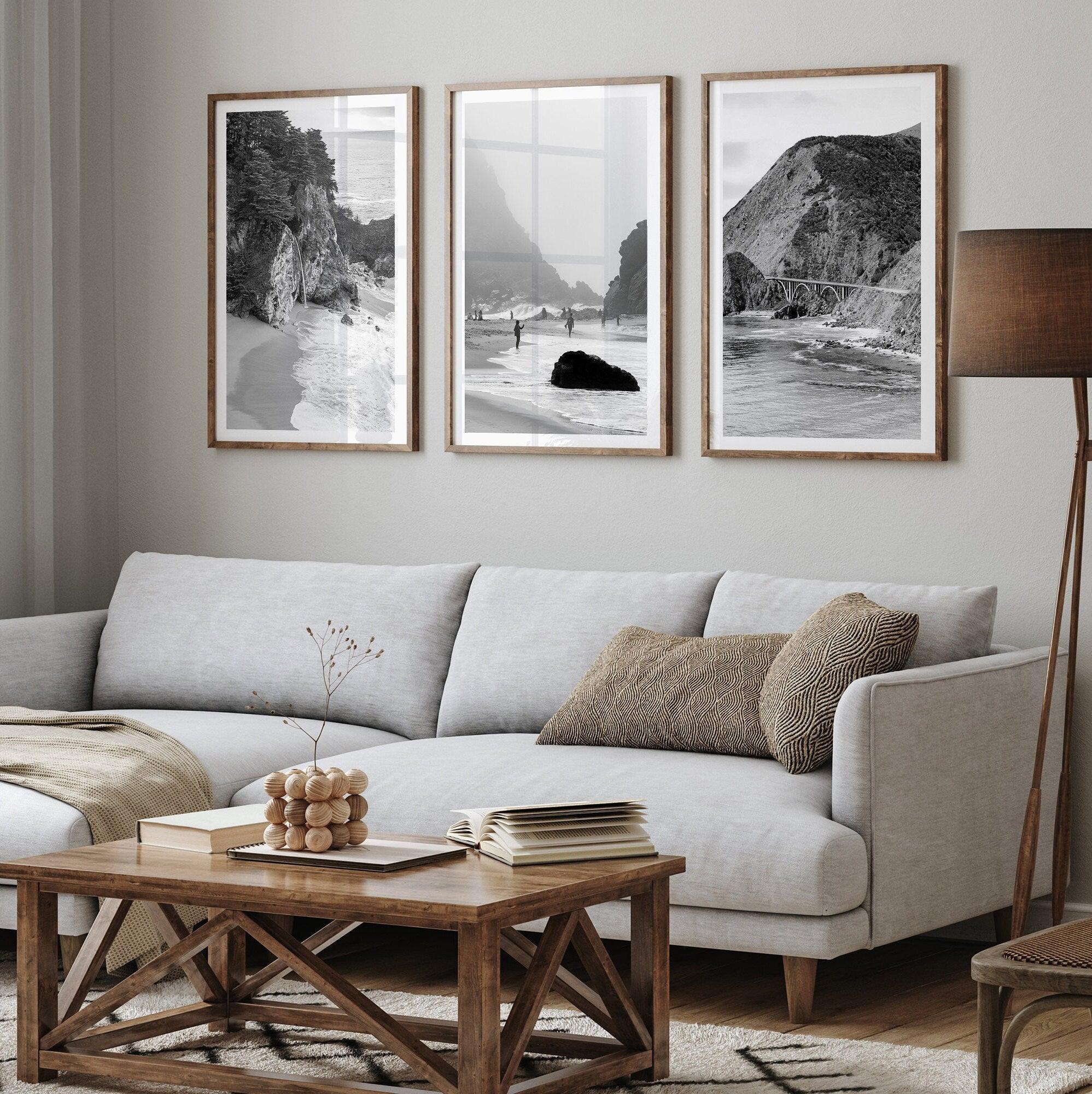 Discover the captivating beauty of Big Sur with our set of 3 black and white coastal prints. The prints feature the mesmerizing McWay Falls, the stunning Pfeiffer Beach, and the breathtaking iconic Bixby Bridge on Highway 1, California.