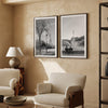 A wall art set of 2 prints from Paris. Left print - Eiffel Tower from Jardin de la Tour Eiffel. Right print - couple sitting in front of the fountain in Palais Royal Garden.