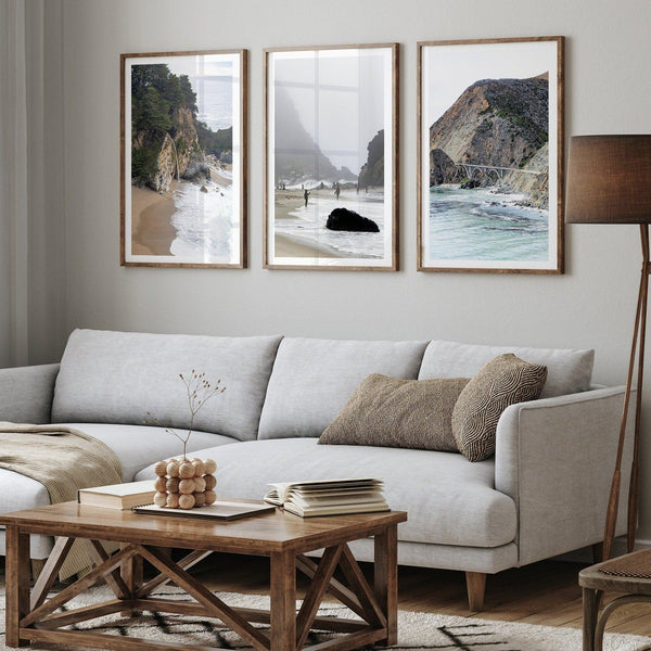Set of 3 stunning coastal prints: McWay Falls tidefall, Pfeiffer Beach, and the iconic Bixby Bridge in Big Sur, California. Perfect Coastal Wall Art Set for Nature Lovers.