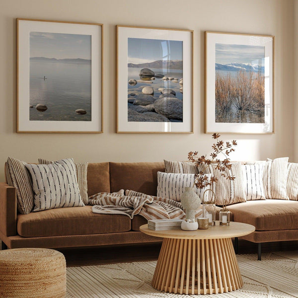 Set of 3 Lake Tahoe framed on unframed prints showcasing the beauty of the lake from different perspectives.