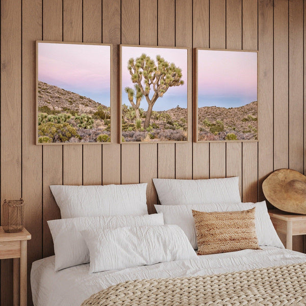 A canvas large wall art set of Joshua Tree National Park. This canvas print showcases a stunning lone Joshua tree standing in the desert with desert plantation all around and breathtaking pink sunset in the backdrop.