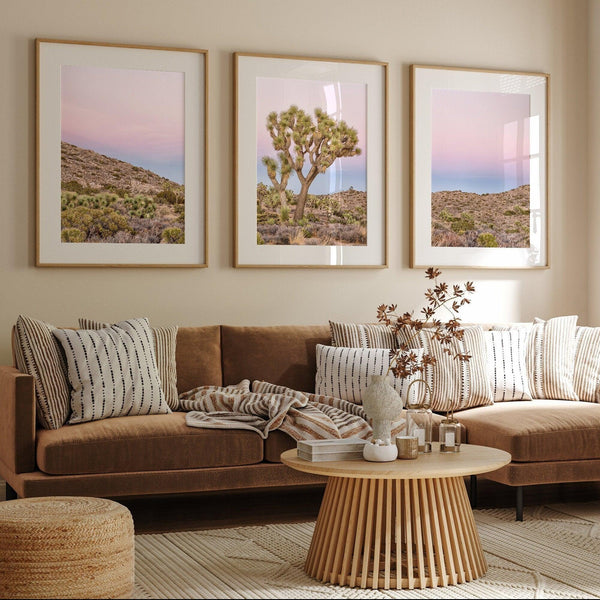 A wall art set of 3 framed or unframed Joshua Tree National Park prints. This desert wall art showcases a stunning Joshua Tree and the desert terrain and plants in a breathtaking Pink sunset filled with Pink and Purple hues. Modern gallery wall set