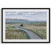A fine art nature photography print featuring an inspiring winding path through the grassy wilderness of the eastern Sierra Nevada mountains toward Mono Lake. you can see the blue water of the lake in the background and a bench on the road.