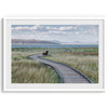 A fine art nature photography print featuring an inspiring winding path through the grassy wilderness of the eastern Sierra Nevada mountains toward Mono Lake. you can see the blue water of the lake in the background and a bench on the road.