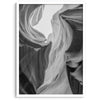 Black and white Antelope Canyon wall art showcasing deep shadows and intricate rock formations in Arizona’s iconic slot canyon.