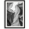 Black and white Antelope Canyon wall art showcasing deep shadows and intricate rock formations in Arizona’s iconic slot canyon.