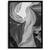 Black and white Antelope Canyon wall art showcasing deep shadows and intricate rock formations in Arizona’s iconic slot canyon.