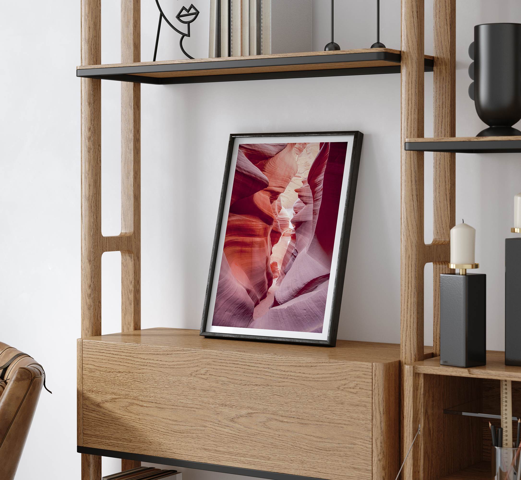 This beautiful Arizona desert wall art captures the mesmerizing beauty of Antelope Canyon. The picture showcases a passage through the rock in the canyon, with vibrant pink and purple textures that create a sense of depth and dimension.