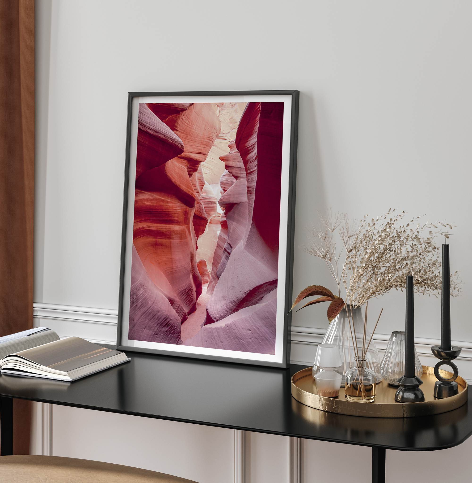 This beautiful Arizona desert wall art captures the mesmerizing beauty of Antelope Canyon. The picture showcases a passage through the rock in the canyon, with vibrant pink and purple textures that create a sense of depth and dimension.