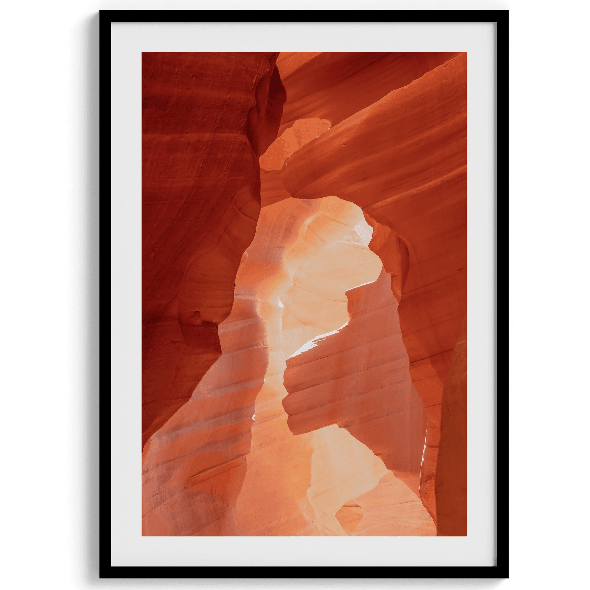 A fine art Arizona Desert print showcasing Antelope Canyon in Arizona. The three layers of rocks in varying colors and creamy textures create a stunning minimalist desert landscape, with vibrant reds and oranges adding warmth to any space.