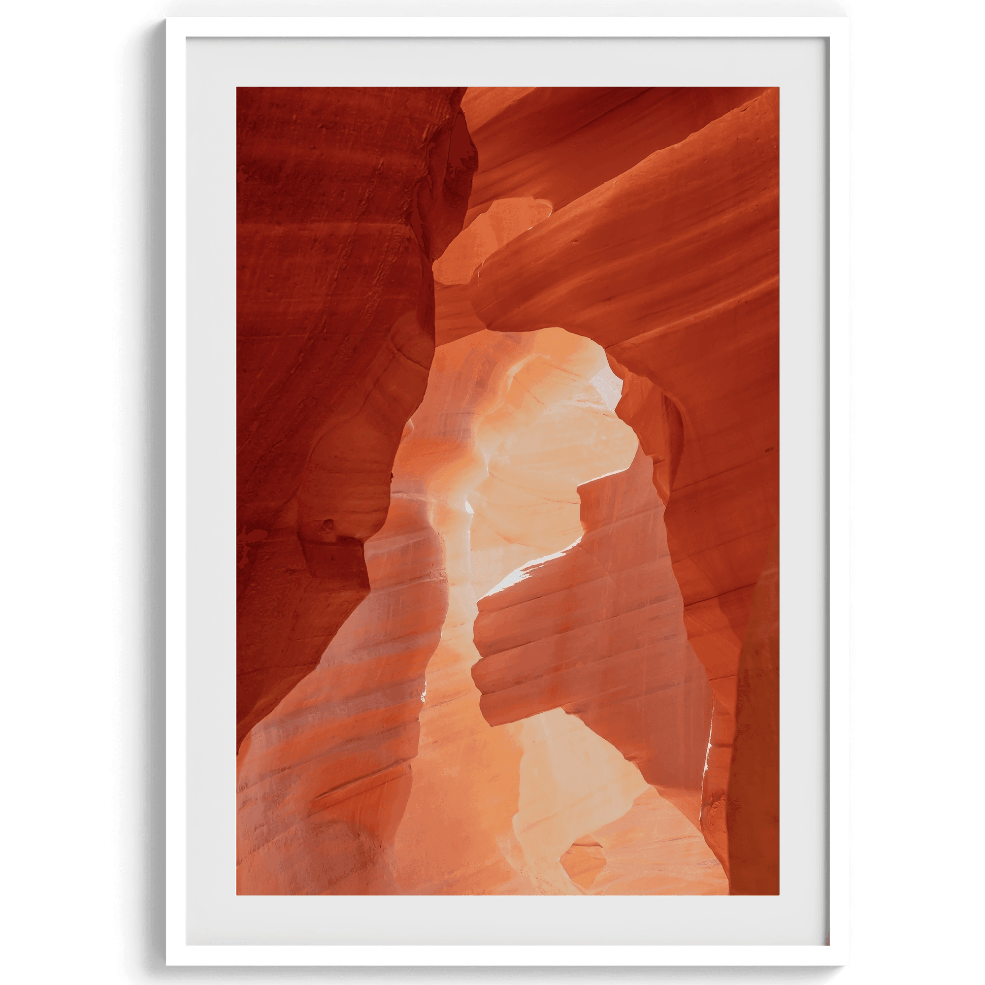 A fine art Arizona Desert print showcasing Antelope Canyon in Arizona. The three layers of rocks in varying colors and creamy textures create a stunning minimalist desert landscape, with vibrant reds and oranges adding warmth to any space.